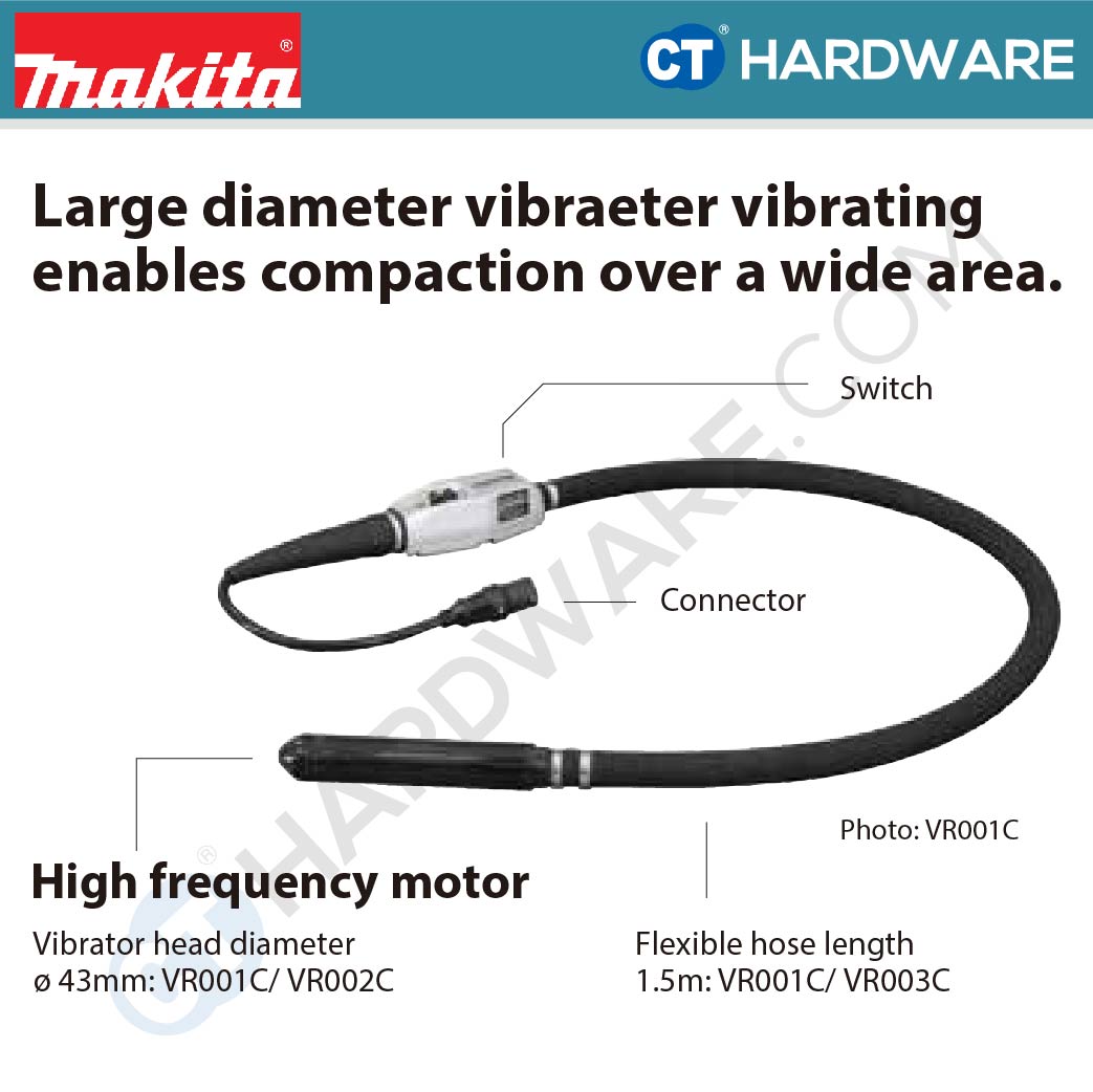 Makita VR003CZ LXT 18V Cordless Concrete Vibrator C/W 52mm X 1.5m Flexible Shaft (Body Only)