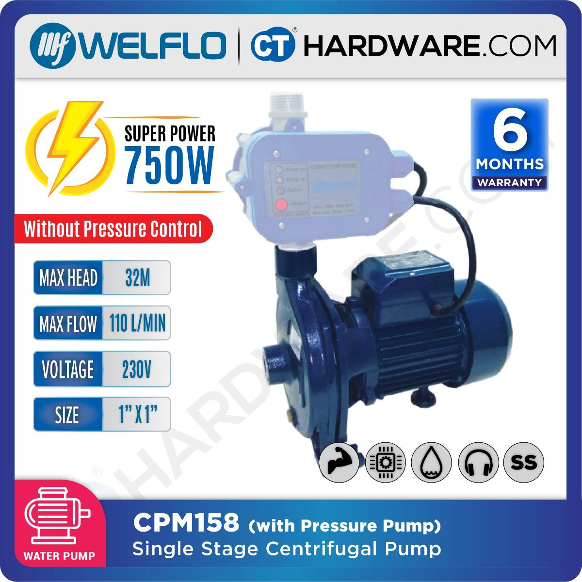 WELFLO CPM158 SINGLE STAGE CENT PUMP 1HP 110L/MIN 30M/H 1" [ BODY ONLY ]