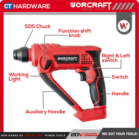 WORCRAFT CRH-S20LiEM Cordless Rotary Hammer 2-Mode | 20V | 900RPM | SDS PLUS Come With 1x 2.0Ah Battery + 1x Charger