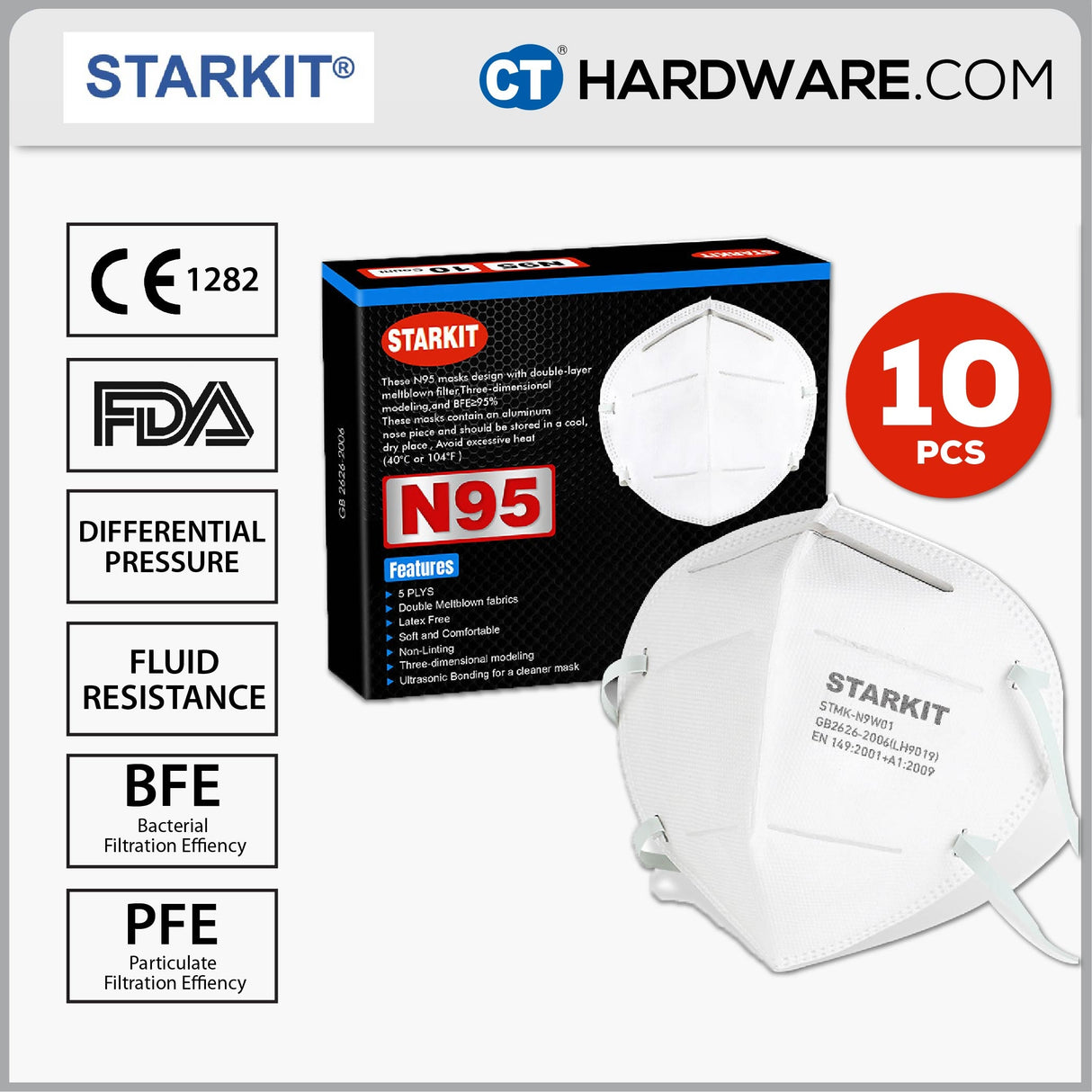 STARKIT N95 FOLDABLE DUST 5 PLYS / MIST PARTICULATE RESPIRATOR HALF MASK EARLOOP (10 PCS)