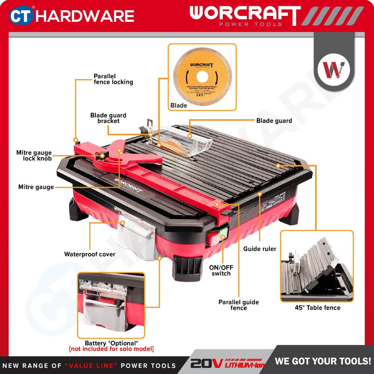 WORCRAFT CTS-S20Li CORDLESS TILE SAW 20V | 5000/MIN [ CTSS20LI ]