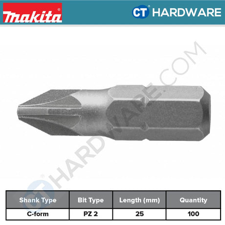 Makita B-24963 Screw Bit C-Form In Plastic Bag PZ2 25mm (100pcs Pack)