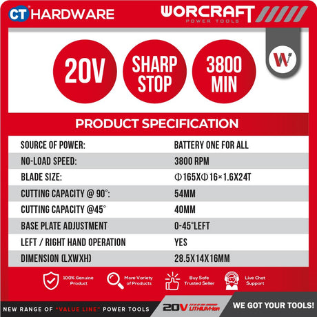 WORCRAFT CCS-S20Li CORDLESS CIRCULAR SAW 165MM ( 6-1/2" ) | 20V | 3800RPM [ CCSS20LI ] [ ONE FOR ALL ]