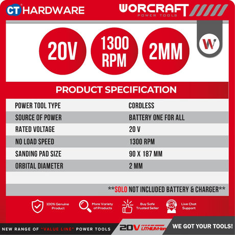 WORCRAFT CFS-S20LI CORDLESS FINISHING SANDER 20V | 13000RPM | PAD SIZE 90x187MM [Set Pack with 2.0AH Battery]