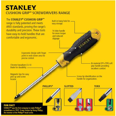 STANLEY CUSHION GRIP SCREWDRIVER PHILIPS #2 SIZE PH2 x 45MM TO PH2 x 250MM