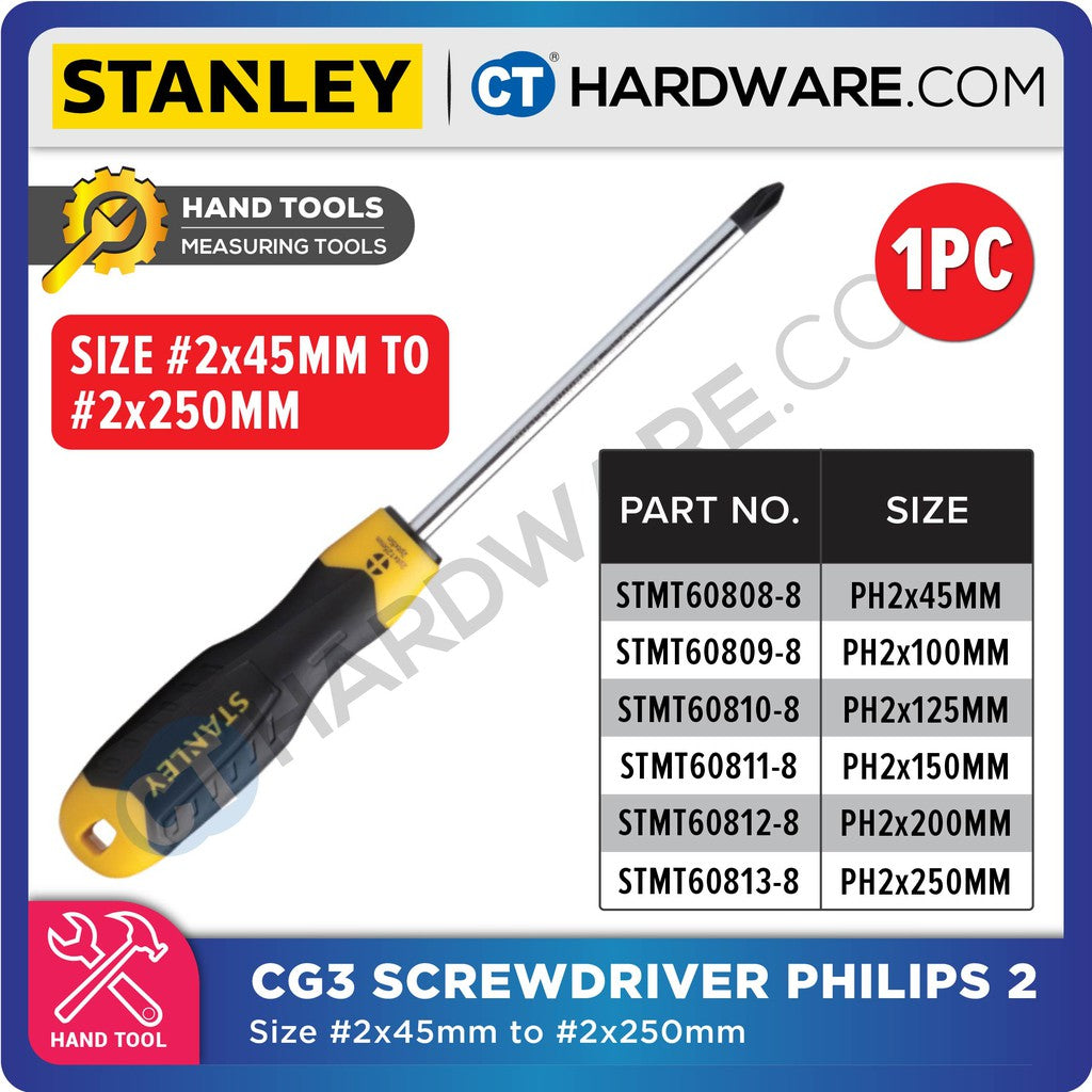 STANLEY CUSHION GRIP SCREWDRIVER PHILIPS #2 SIZE PH2 x 45MM TO PH2 x 250MM