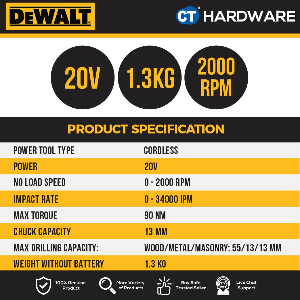 DEWALT DCD800M2T BRUSHLESS CORDLESS DRILL DRIVER 20V 4.0AH 13MM 2000RPM COME WITH 2 BATTERY 1 CHARGER