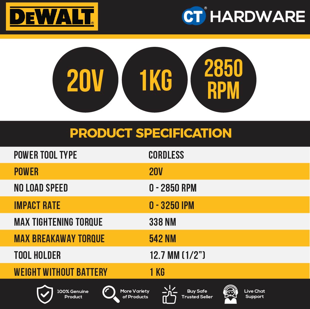 DEWALT DCF911N BRUSHLESS IMPACT WRENCH 20V 1/2" 2850RPM 3250IPM WITHOUT BATTERY AND CHARGER ( BARE UNIT )