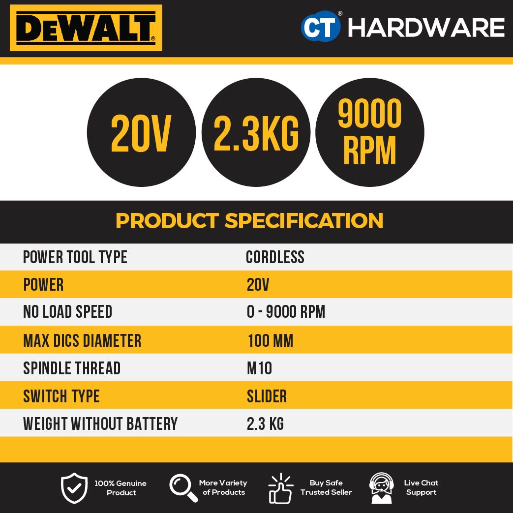 DEWALT DCG405N BRUSHLESS CORDLESS GRINDER 20V 4" 100MM (M10) 9000RPM WITHOUT BATTERY & CHARGER