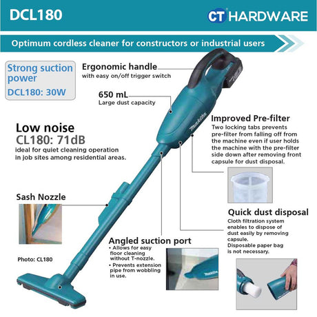 Makita DCL180FRFW/ RFB/ ZB/ Z LXT 18V Cordless Cleaner 650ml 4.2kPa (Body Only | 1-Battery)