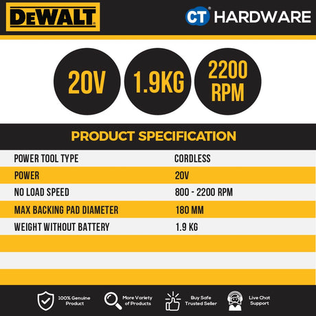 DEWALT DCM849N CORDLESS BRUSHLESS POLISHER 20V 800-2200/MIN WITHOUT BATTERY AND CHARGER ( BARE UNIT )