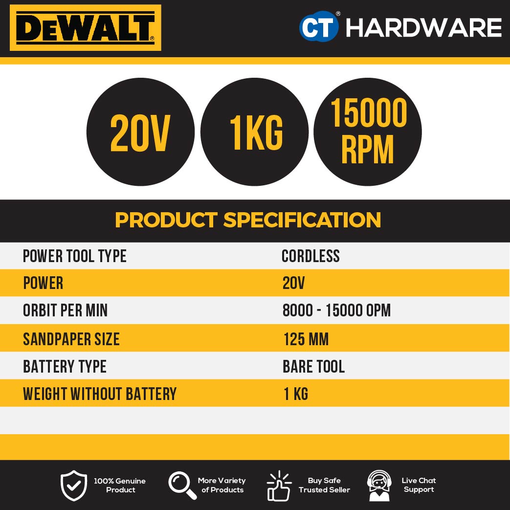DEWALT DCW210N CORDLESS BRUSHLESS ORBITAL SANDER 20V 5" 8000-12000OPM WITHOUT BATTERY & CHARGER (BARE UNIT)