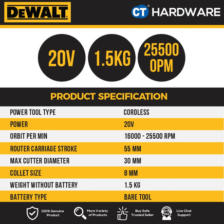 DEWALT DCW600N CORDLESS BRUSHLESS ROUTER 20V 6-8MM COLLET 16000-25500RPM WITHOUT BATTERY AND CHARGER( BARE UNIT)