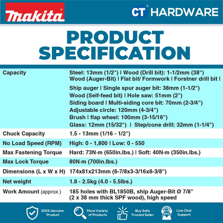 Makita DDF489Z/ RTJ LXT 18V Cordless Brushless Driver Drill 13mm 80NM (Body Only | 2-Battery)