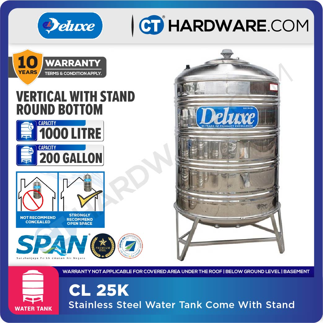 DELUXE CL25K STAINLESS STEEL WATER TANK WITH STAND 1000L | 220 GAL | ROUND BOTTOM