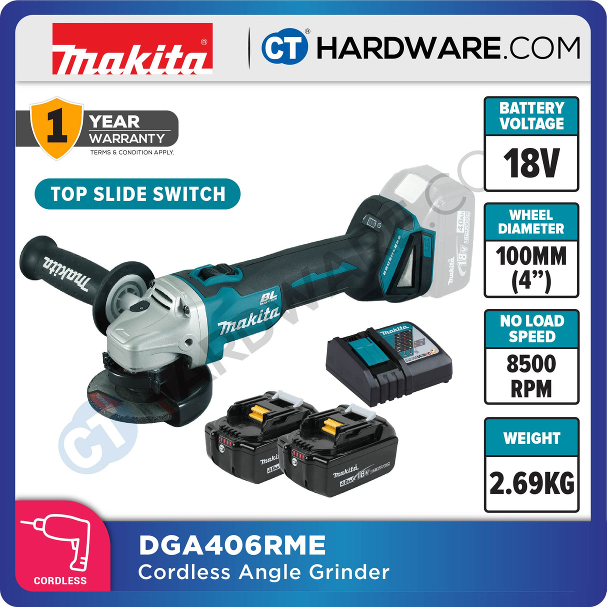 MAKITA DGA406 RME / RFE / Z 18V 100MM (4") CORDLESS ANGLE GRINDER (LXT SERIES)