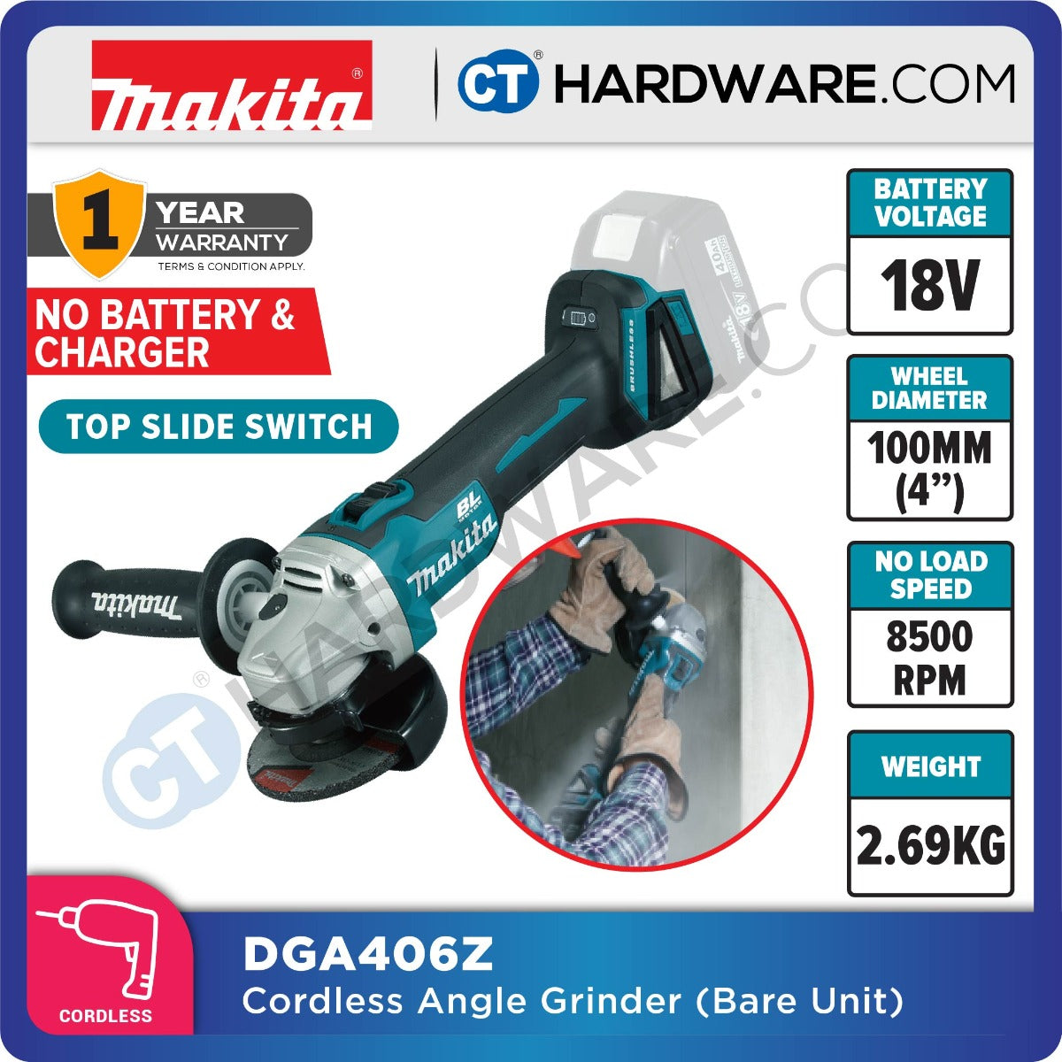 MAKITA DGA406 RME / RFE / Z 18V 100MM (4") CORDLESS ANGLE GRINDER (LXT SERIES)