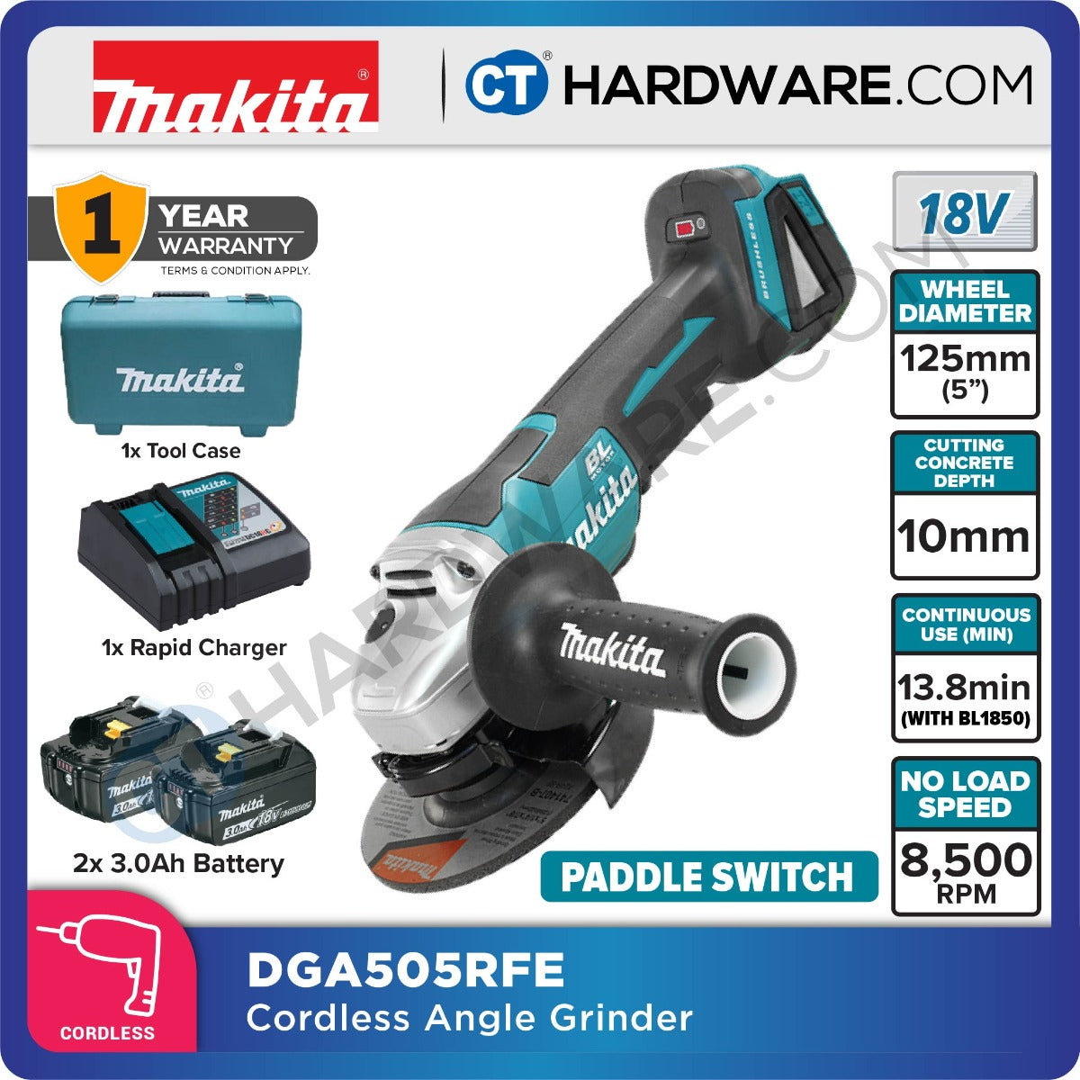 MAKITA DGA505 RFE / Z CORDLESS ANGLE GRINDER 5" 18V 3.0AH 8500RPM ( BL MOTOR XPT )
