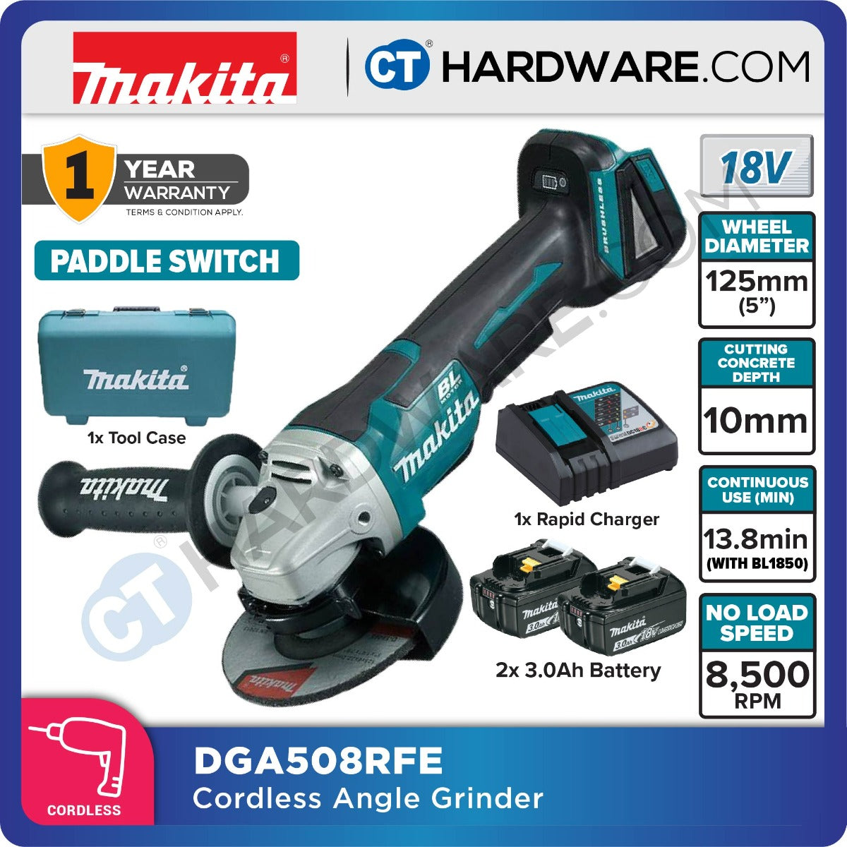 MAKITA DGA508 RFE / Z CORDLESS ANGLE GRINDER 5" 18V 3.0AH 8500RPM