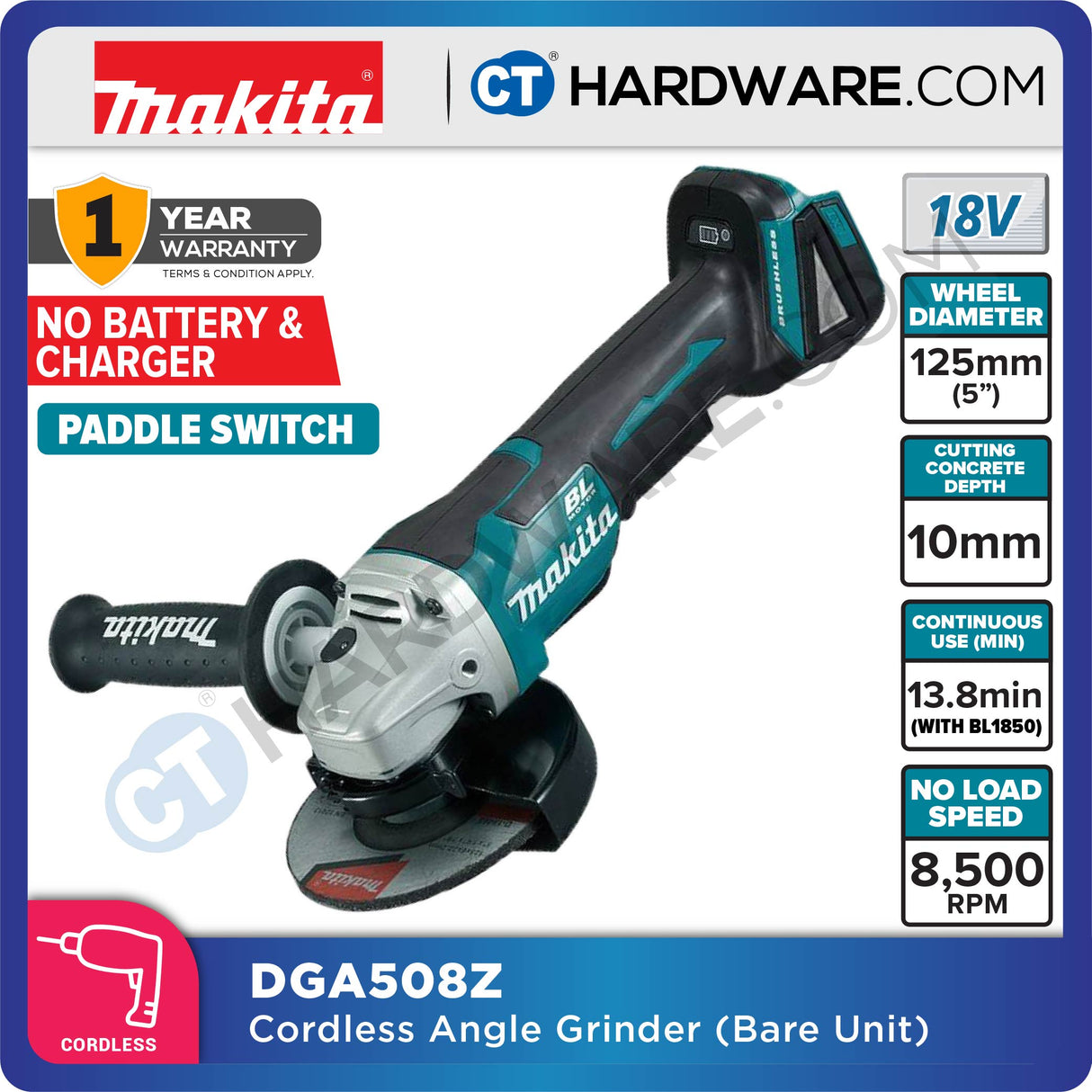 MAKITA DGA508 RFE / Z CORDLESS ANGLE GRINDER 5" 18V 3.0AH 8500RPM