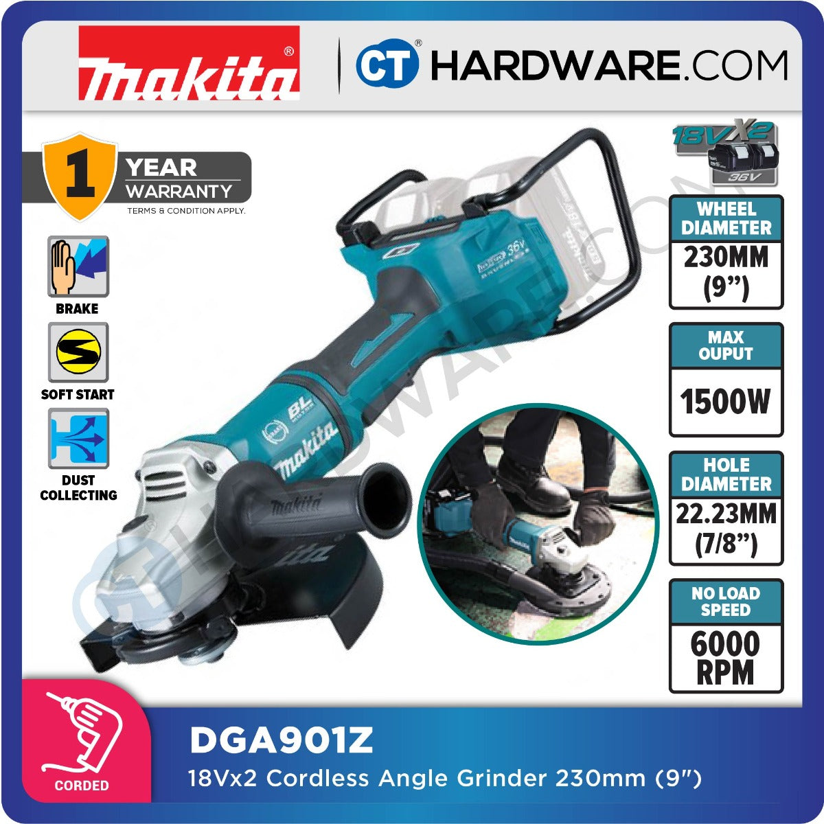 MAKITA DGA901Z CORDLESS ANGLE GRINDER 18V X2 9" 230MM 6000RPM WITHOUT BATTERY & CHARGER ( BRUSHLESS MOTOR )
