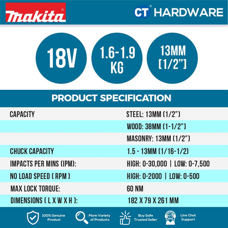 Makita DHP484RME/ RFE/ ZZ LXT 18V Cordless Brushless Hammer Driver Drill 13mm 60NM (Body Only | 2-Battery)