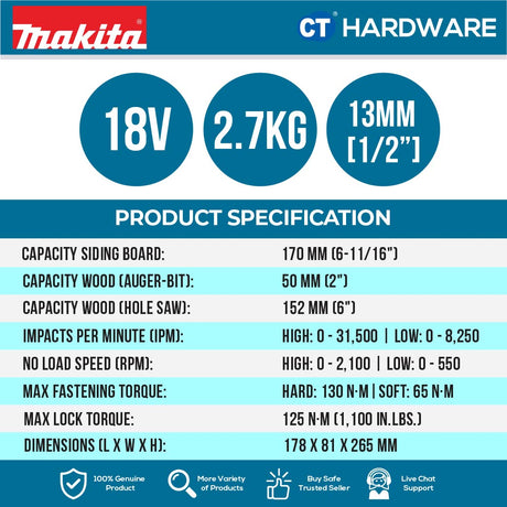 Makita DHP486RTE/ Z LXT 18V Cordless Brushless Hammer Driver Drill 13mm 65NM (Body Only | 1-Battery | 2-Battery)