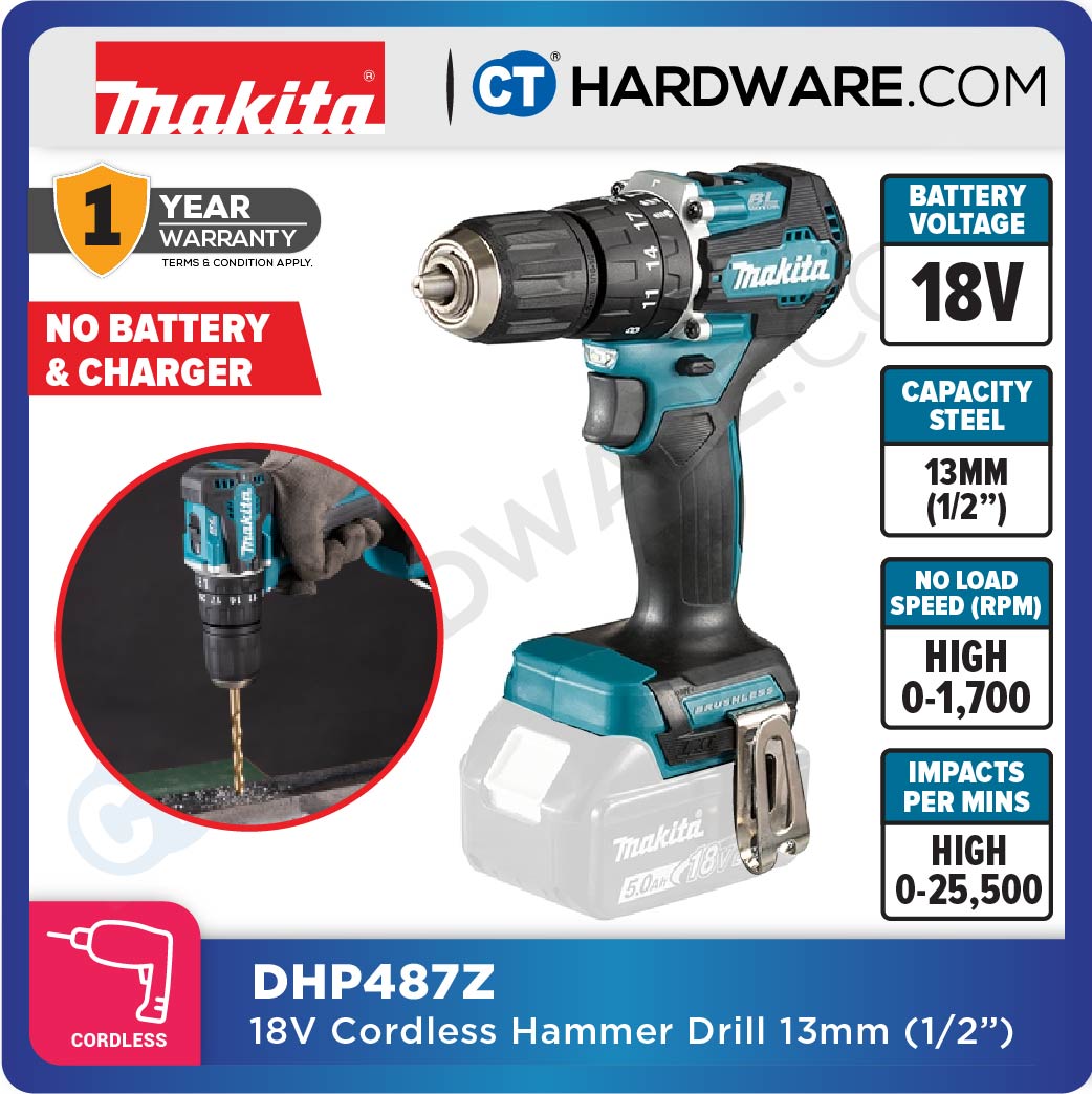 MAKITA DHP487RAJ/ Z CORDLESS HAMMER DRILL 18V 1/2" 13MM 500-1700RPM 40NM
