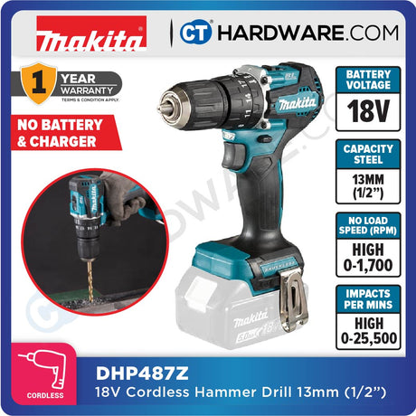 MAKITA DHP487RAJ/ Z CORDLESS HAMMER DRILL 18V 1/2" 13MM 500-1700RPM 40NM