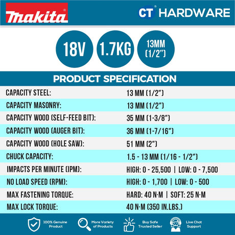 MAKITA DHP487RAJ/ Z CORDLESS HAMMER DRILL 18V 1/2" 13MM 500-1700RPM 40NM