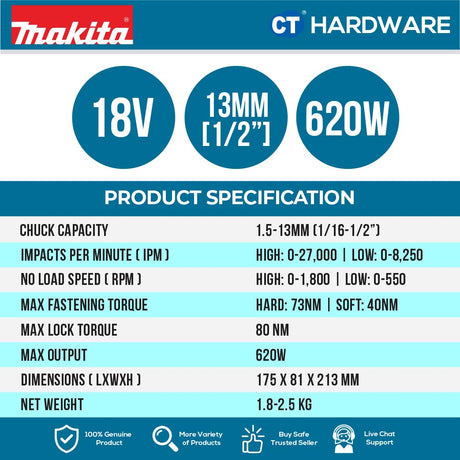 Makita DHP489Z/ RTJ LXT 18V Cordless Brushless Hammer Driver Drill 13mm 80NM (Body Only | 2-Battery)