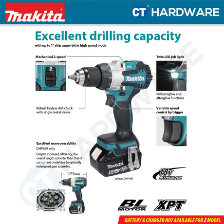 Makita DHP489Z/ RTJ LXT 18V Cordless Brushless Hammer Driver Drill 13mm 80NM (Body Only | 2-Battery)