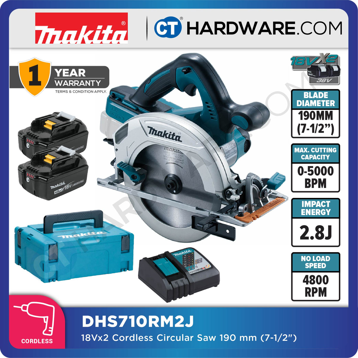 MAKITA DHS710RF2J 18Vx2 CORDLESS CIRCULAR SAW 18V 3.0AH 7-1/2" 4800RPM WITH 2 BATTERY & 1 CHARGER