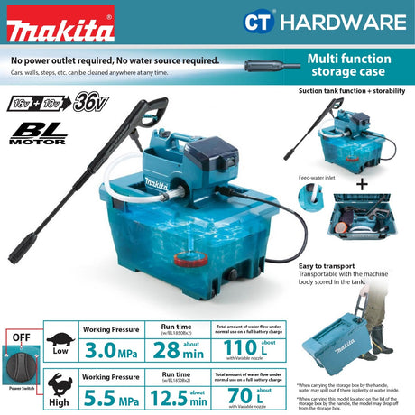 MAKITA DHW080ZK HIGH PRESSURE WASHER 18V X 2 80AR 6.3L/MIN 3-5.5MPA WITHOUT BATTERY & CHARGER ( SOLO )BL