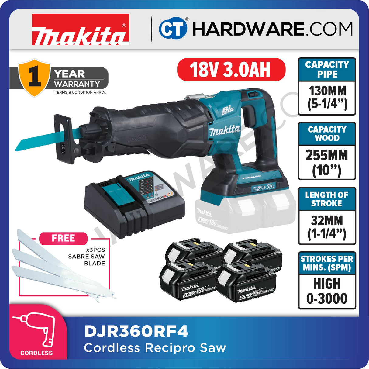 MAKITA DJR360RF4/ Z CORDLESS RECIPRO SAW 18V 3.0AH 1-1/4" 3000SPM