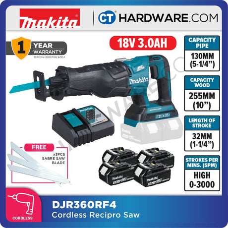 MAKITA DJR360RF4/ Z CORDLESS RECIPRO SAW 18V 3.0AH 1-1/4" 3000SPM