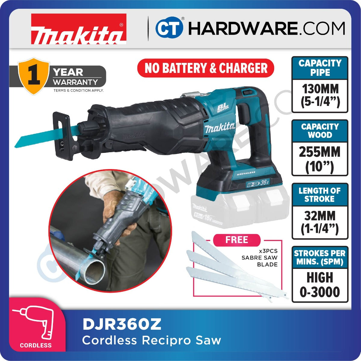 MAKITA DJR360RF4/ Z CORDLESS RECIPRO SAW 18V 3.0AH 1-1/4" 3000SPM