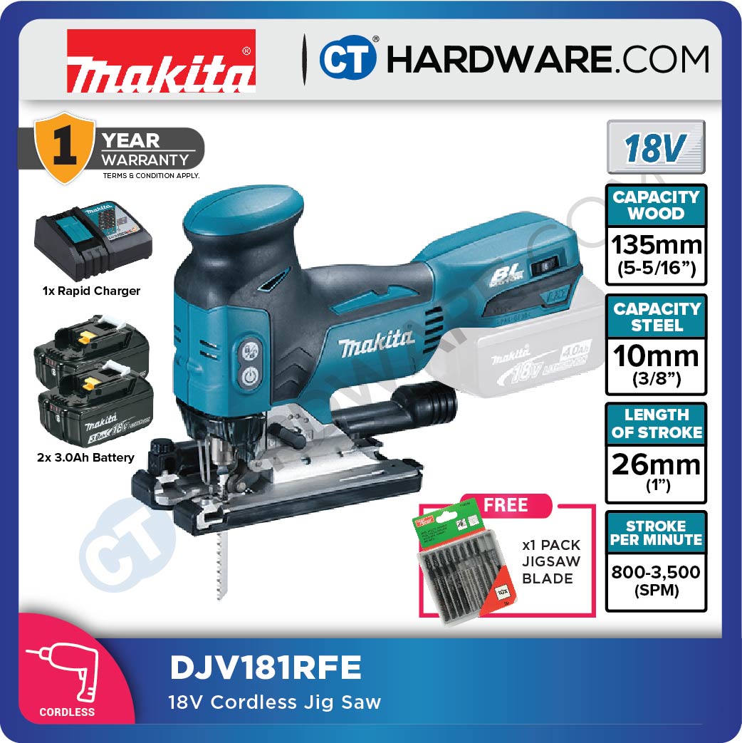 MAKITA DJV181RFE CORDLESS JIGSAW18V 3.0AH 26MM (1") 800-3500SPM