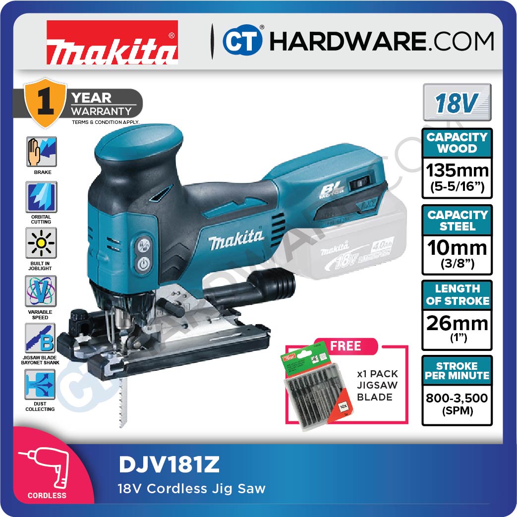 MAKITA DJV181RFE CORDLESS JIGSAW18V 3.0AH 26MM (1") 800-3500SPM