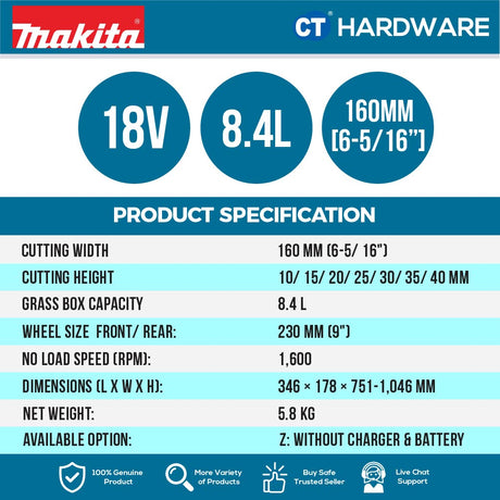 MAKITA DLM160Z CORDLESS HAND PUSH LAWN TRIMMER 18V 1600RPM 8.4L