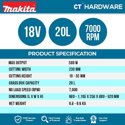 MAKITA DLM230SF / DLM230Z CORDLESS LAWNMOWER 18V | 9"  | 560W | 7000RPM | 20L [ DLM230 ]