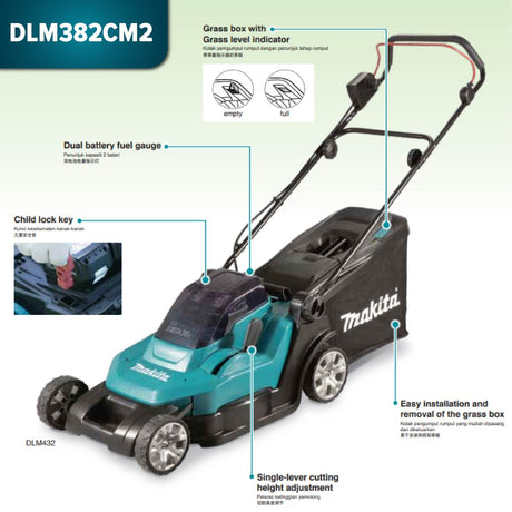 MAKITA DLM382PT2/ CM2/ Z CORDLESS LAWN MOWER 18V X 2 3700RPM GRASS BOX 40L