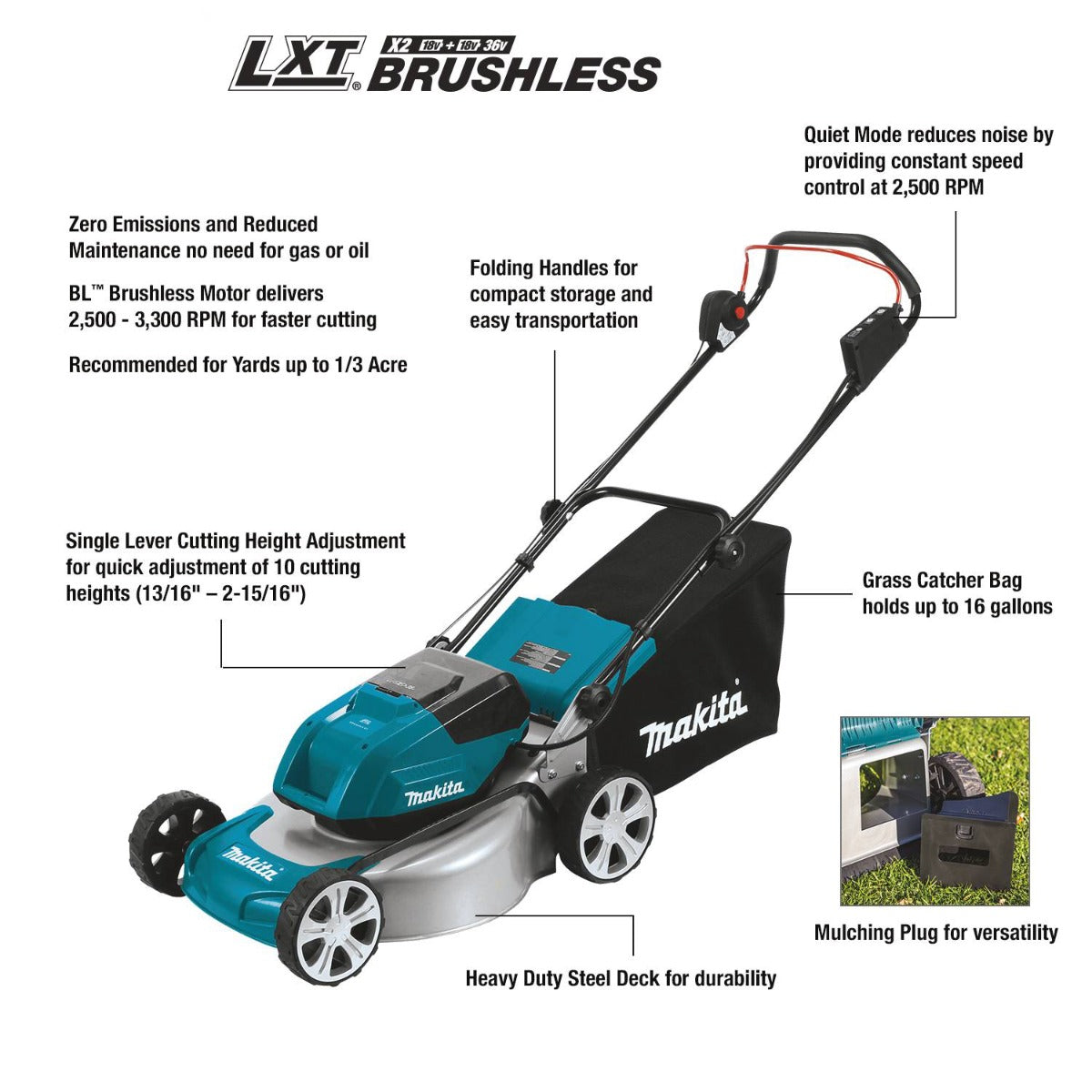 MAKITA DLM460Z CORDLESS  LAWNMOWER 18V X2 18" 460MM 3300RPM 60L 27.6KG 1450W WITHOUT BATTERY & CHARGER ( SOLO )