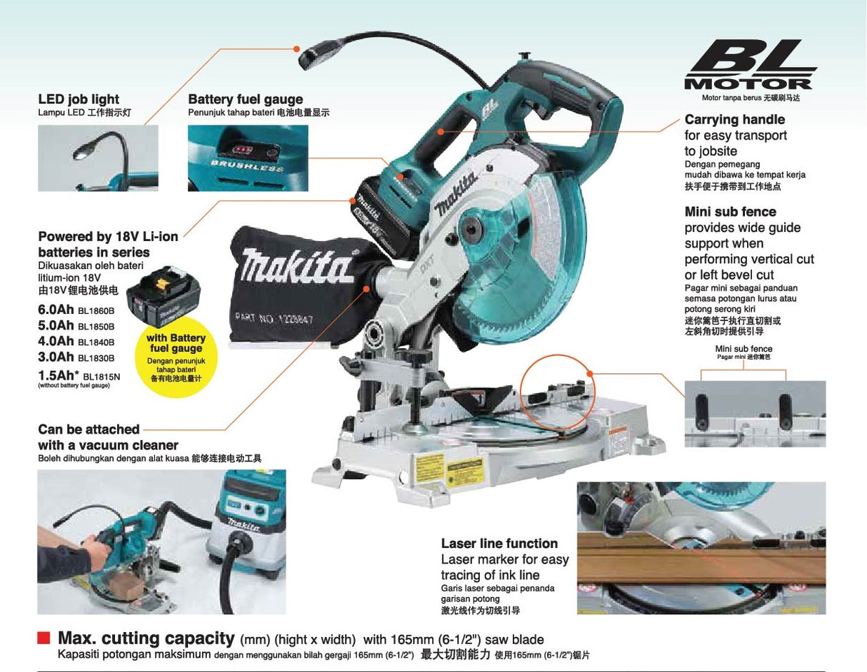 MAKITA DLS500Z BRUSHLESS COMPACT MITRE SAW 18V 6-1/2" 165MM 5000RPM 340MM WITHOUT BATTERY & CHARGER