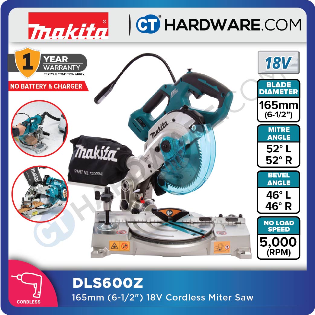 MAKITA DLS500Z BRUSHLESS COMPACT MITRE SAW 18V 6-1/2" 165MM 5000RPM 340MM WITHOUT BATTERY & CHARGER