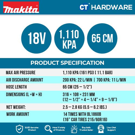 MAKITA DMP181Z CORDLESS INFLATOR 18V 1110KPA 7L/MIN WITHOUT BATTERY & CHARGER