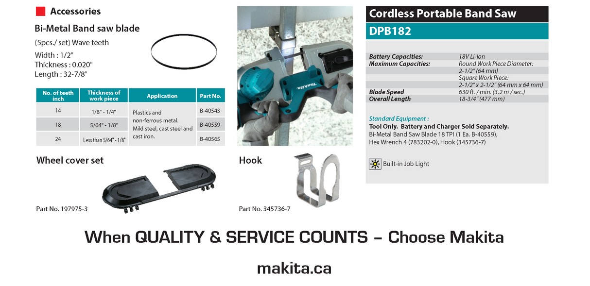 MAKITA DPB182Z CORDLESS PORTABLE BAND SAW 18V 2-1/2" 64MM 192/MIN WITHOUT BATT & CHARGER ( SOLO)