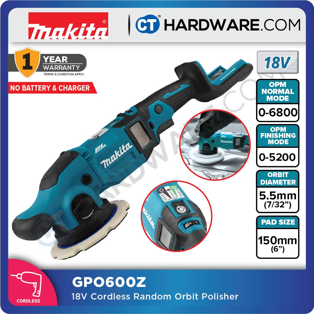 MAKITA DPO600Z CORDLESS RANDOM ORBIT POLISHER 6" 18V 6800 MIN WITHOUT BATTERY & CHARGER