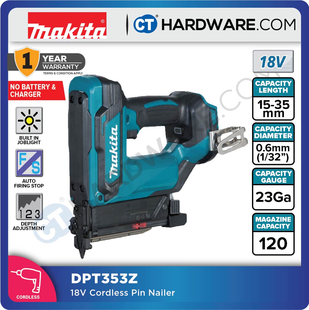 MAKITA DPT353Z PIN NAILER 18V 23GA 15-35MM W/O BATT & CHARGER ( MAGAZINE 100PCS )