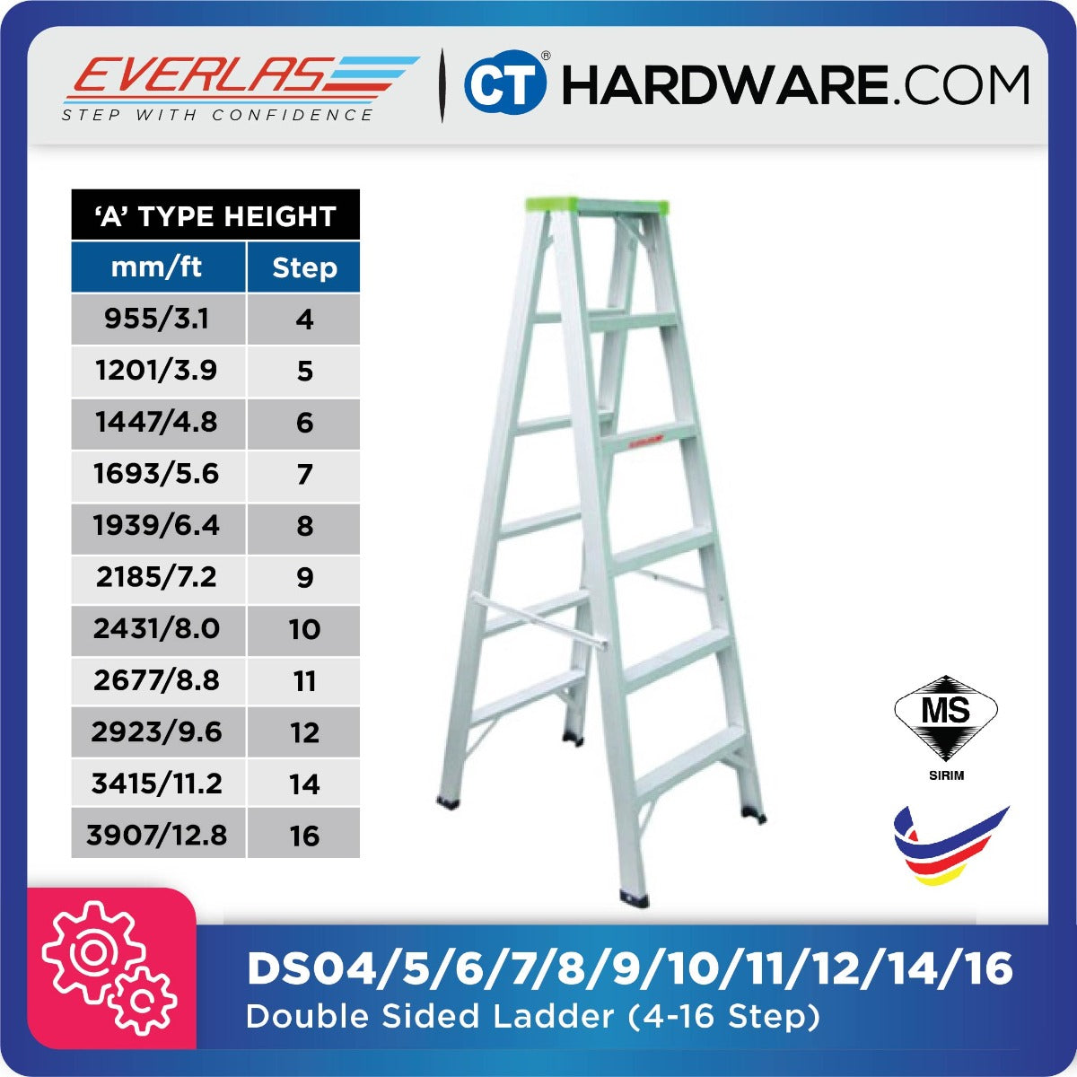 EVERLAS DS DOUBLE SIDED LADDER | STEP FROM 4 TO 16 STEPS | FOR GENERAL HOUSEHOLD TO RENOVATION WORKS